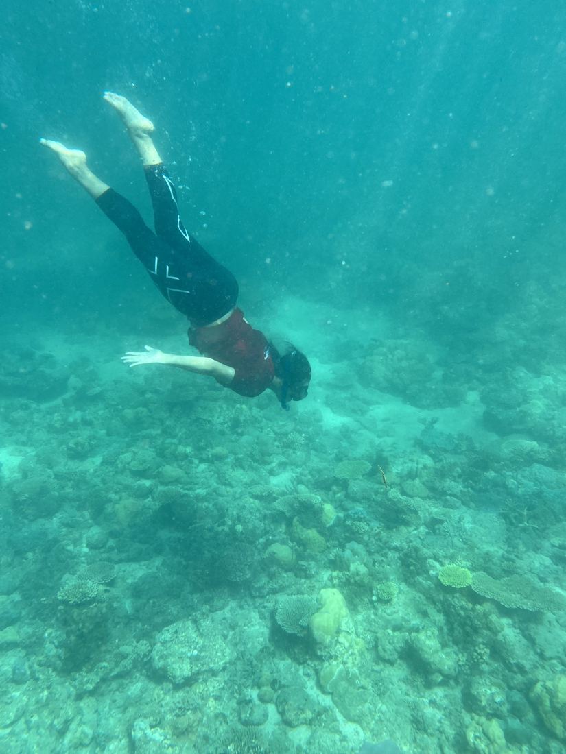 An EcoScholar free-diving over a shallow reef