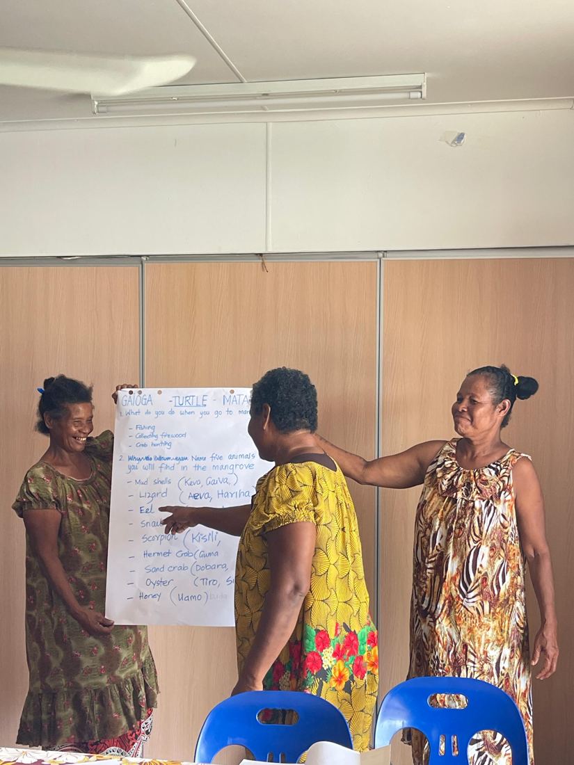 Village women sharing local names for mangrove animals written on a flip chart